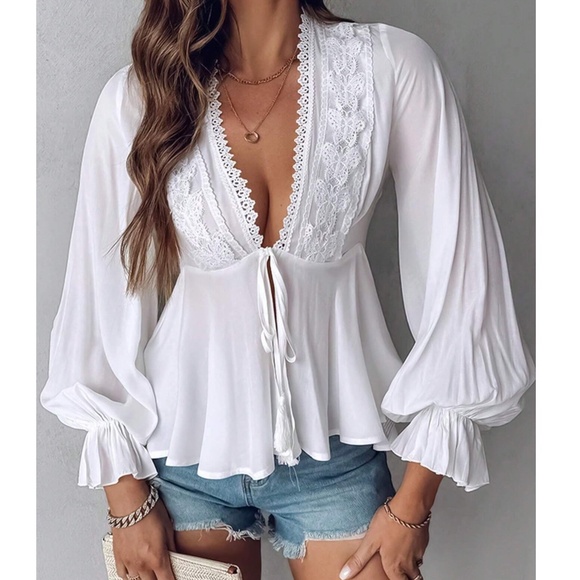 Boho Butterfly Embroidered Front Tie V neck Flounce sleeve Blouse - Picture 1 of 8